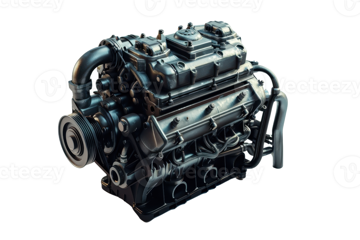 High-resolution image of a detailed car engine, showcasing mechanical components and engineering precision on a transparent background. png