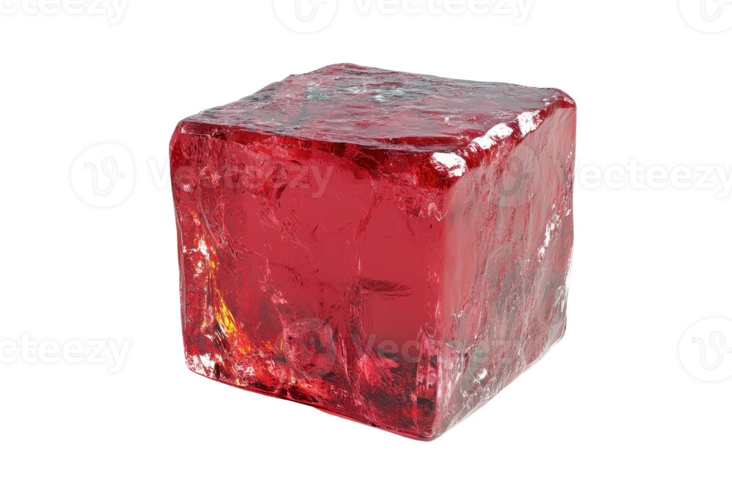 High-resolution image of a red ice cube against a transparent background. showcasing clarity, texture, and vibrant color for various design projects. png