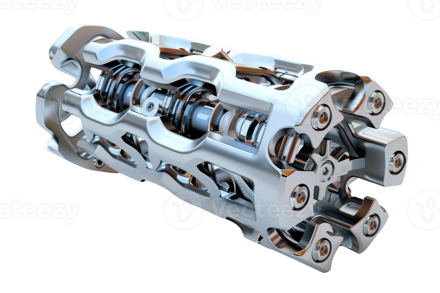 High-tech, intricate mechanical component with detailed metallic design, showcasing modern engineering and advanced technology suitable for various applications. png