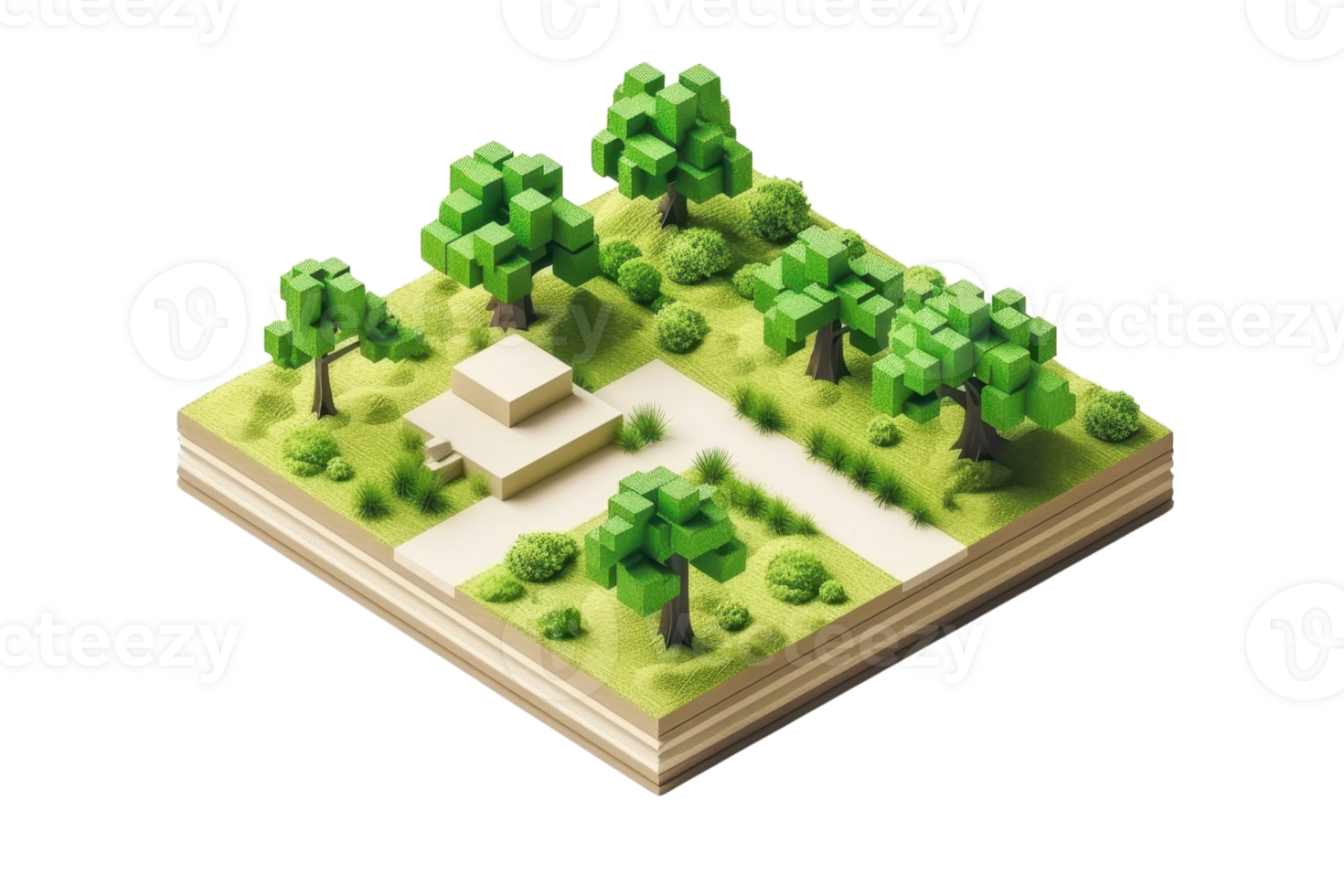 Isometric 3D illustration of a forest scene with trees and a small building, representing nature architecture and landscape design. png