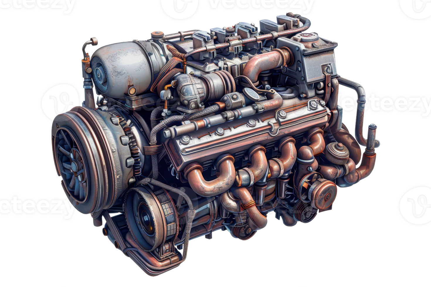 High-resolution image of detailed mechanical engine with various components, perfect for industrial and engineering projects. png