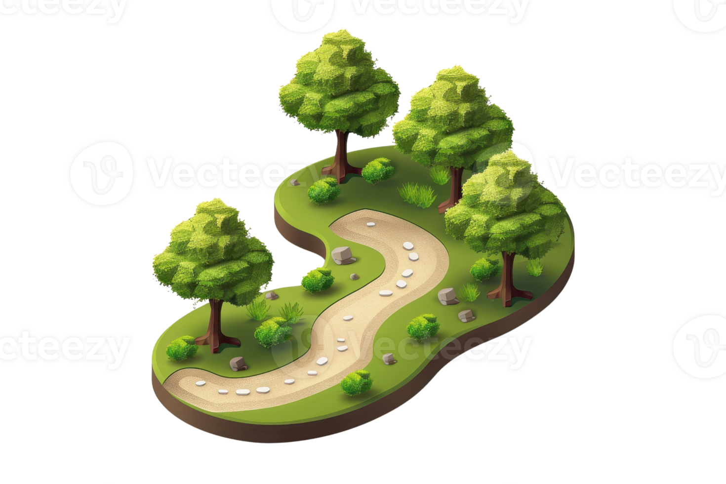 Isometric cartoon-style forest scene with winding path and trees, perfect for game design, animation, or digital art projects. png