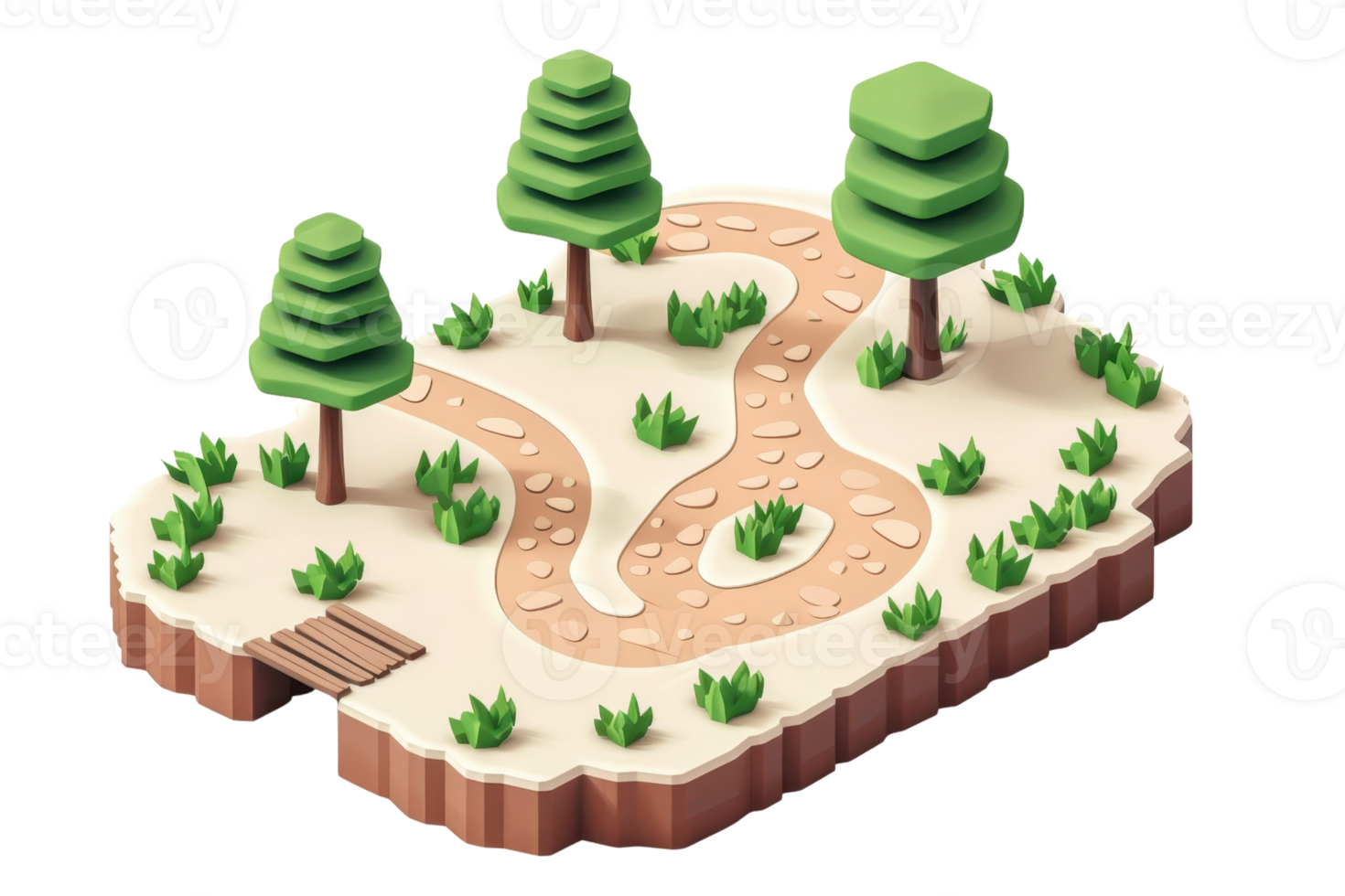 Isometric forest path illustration with trees, greenery, and winding dirt trail, ideal for nature, landscape, or adventure designs. png