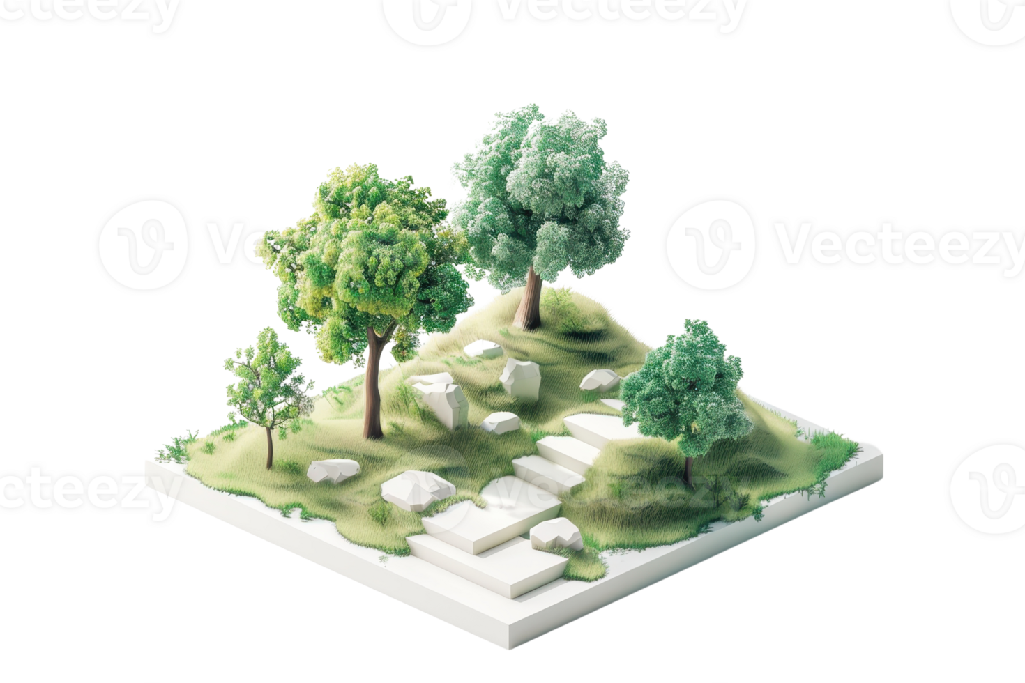 Isometric green park scene with trees and white stone pathway, perfect for nature-themed projects and architectural visualizations. png