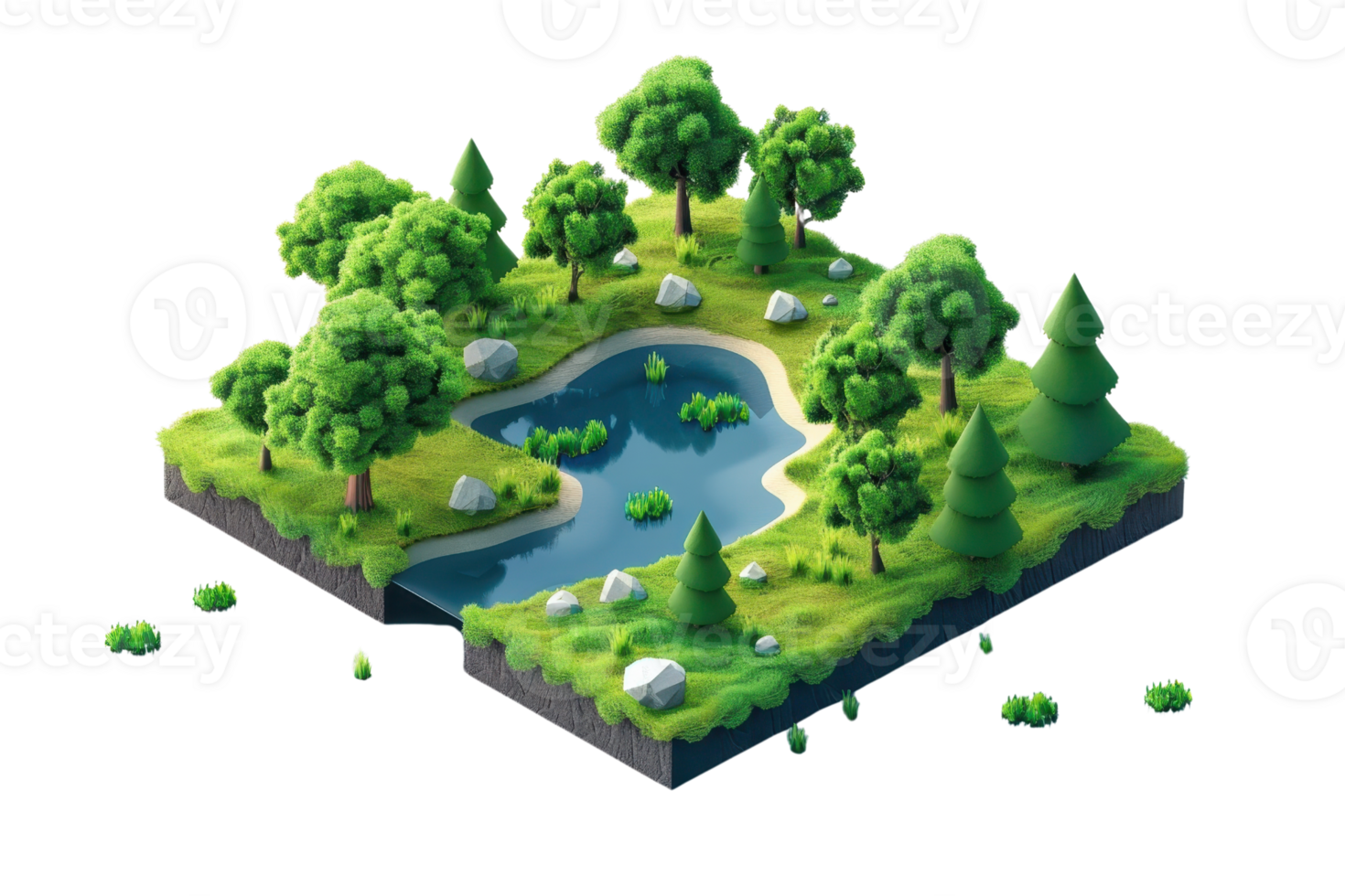 Isometric digital art of a forest landscape with trees, rocks, and a small pond. Ideal for nature, environment, and digital art concepts. png