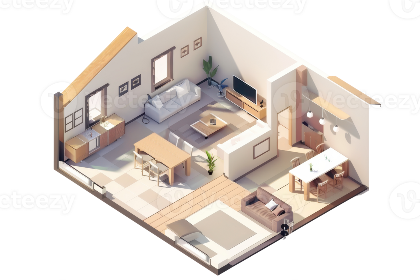 Isometric view of modern open-plan living space featuring kitchen, dining, and living areas with cozy and minimalist design elements. png