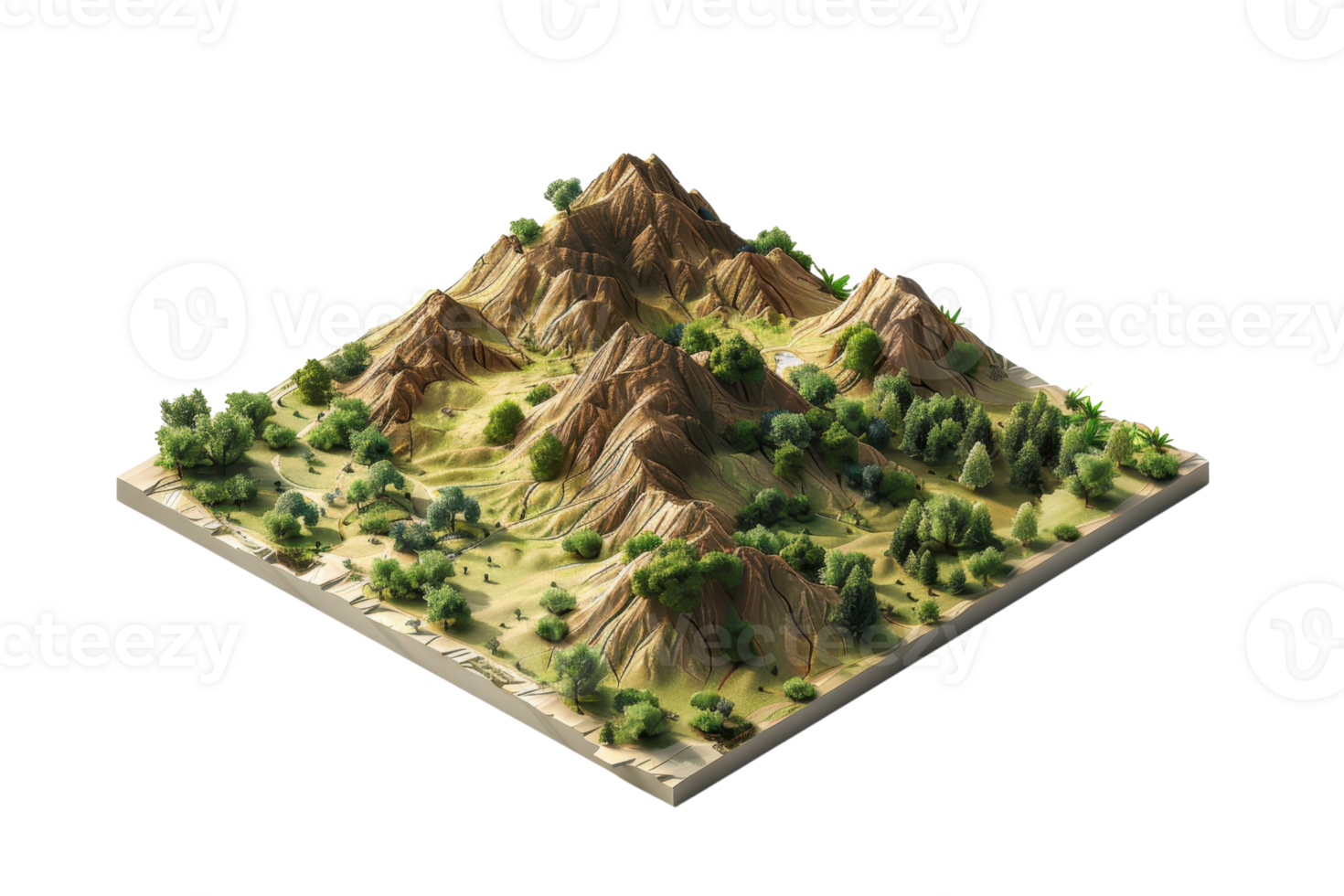 Isometric 3D illustration of a mountainous landscape with trees and rugged terrain, perfect for topography or geography themed projects. png