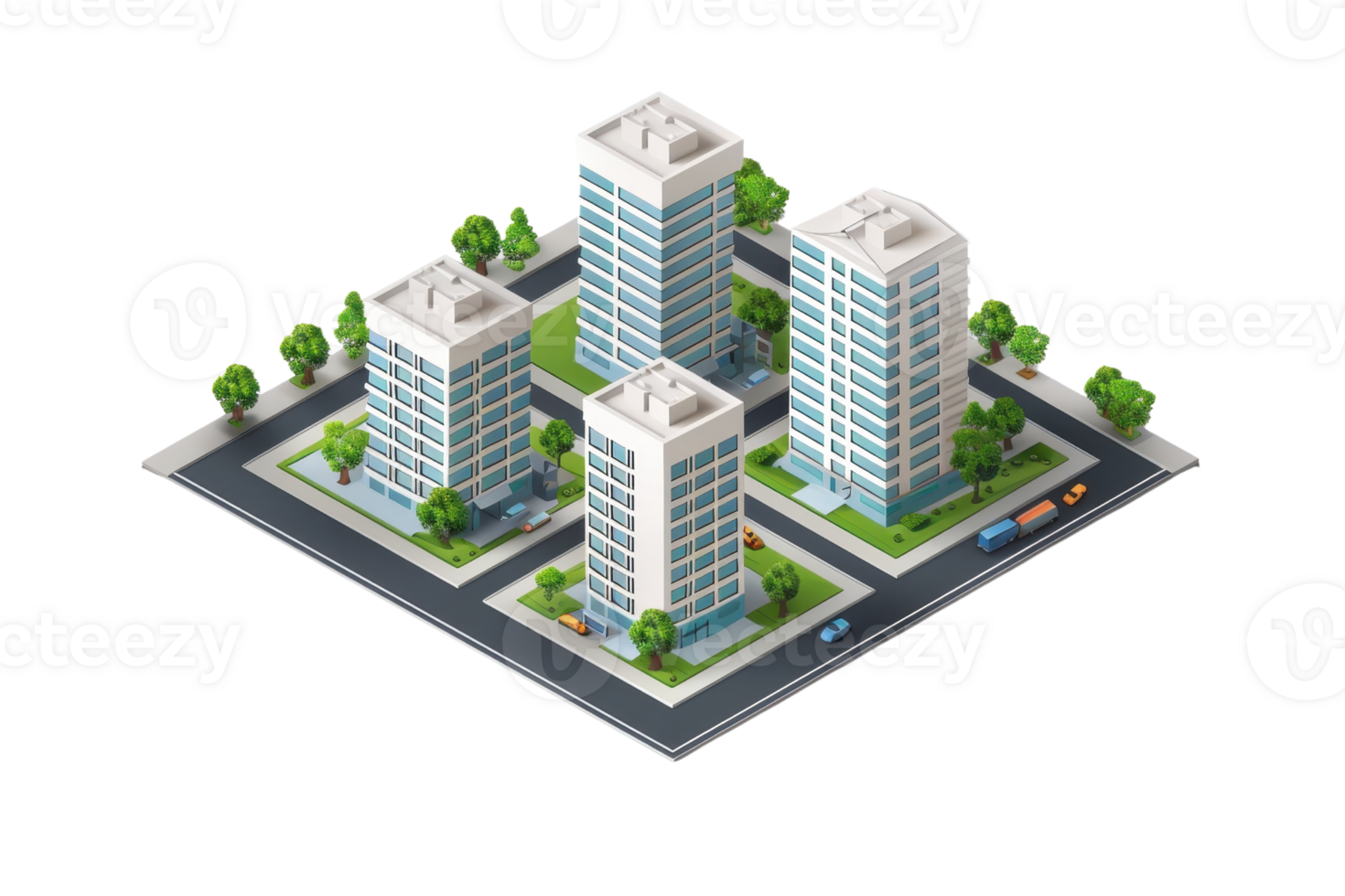 Isometric illustration of modern apartment buildings in a city block with green trees and cars on a transparent background. png