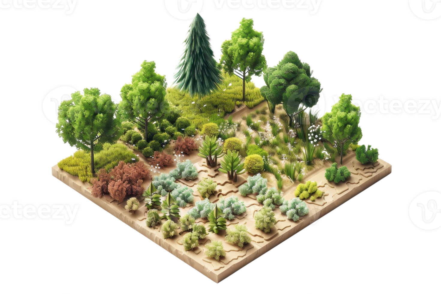 Isometric illustration of diverse plant ecosystem, showcasing various tree species, shrubs, and succulents in a single plot. png
