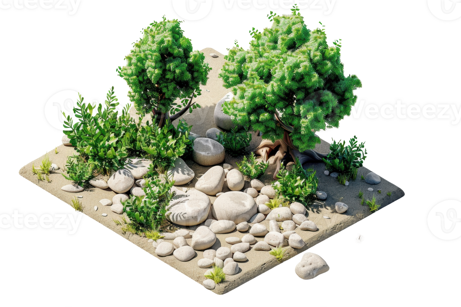 Isometric 3D illustration of a small, rocky terrain with lush greenery, featuring trees and bushes, perfect for nature and landscape design. png