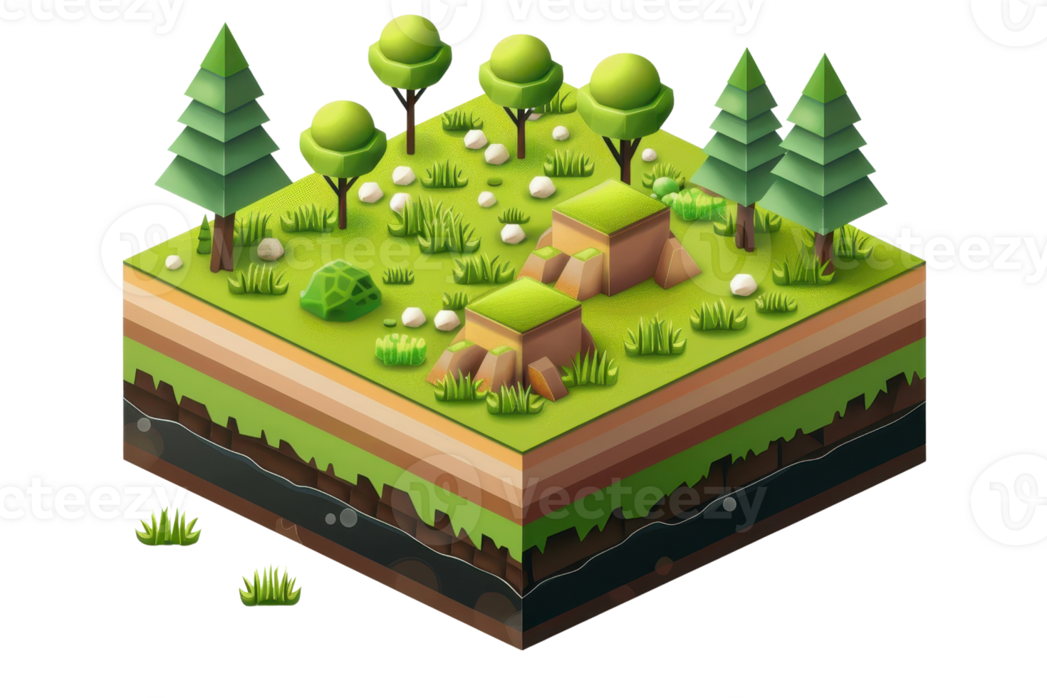 Isometric illustration of a forest landscape, showing layers of soil beneath the surface. Ideal for educational or ecological projects. png