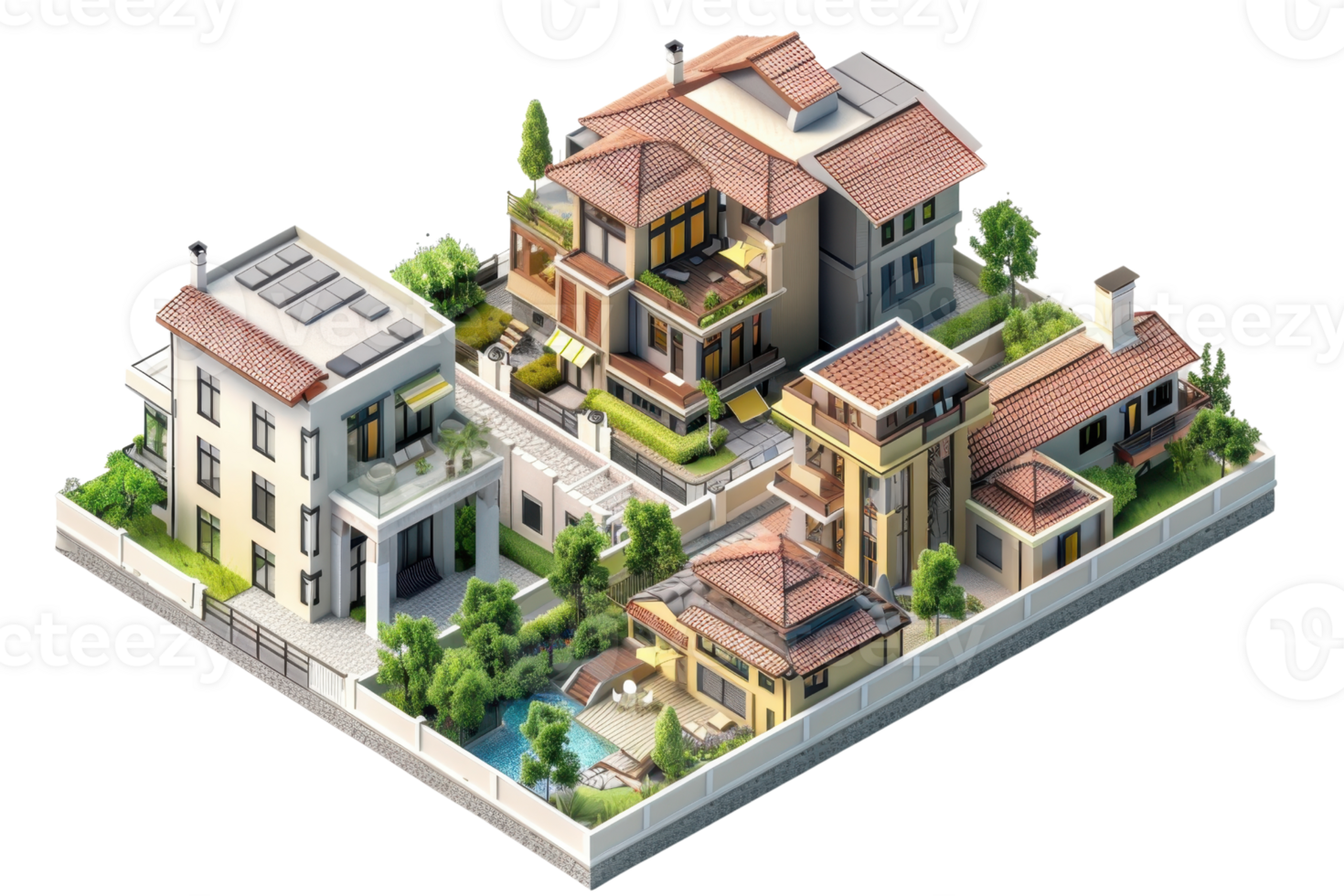 Isometric view of modern residential neighborhood with multiple houses, lush greenery, and pool in a gated community. png