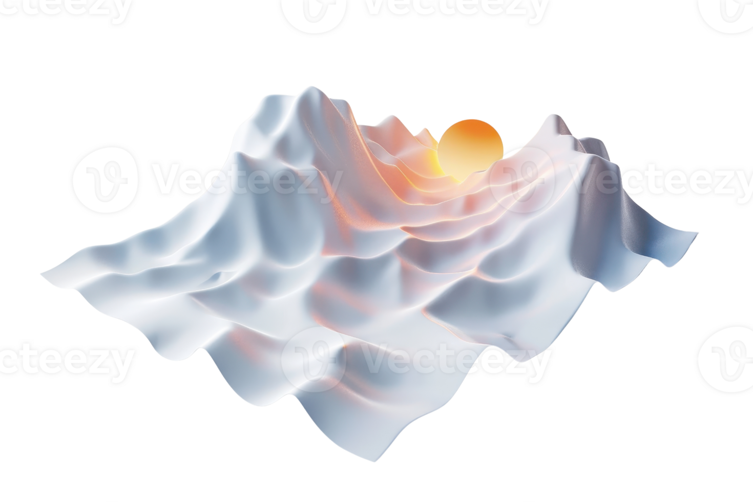 Abstract 3D render of white mountainous landscape with a warm sun rise in the background. Modern digital art with soft edges and smooth textures. png