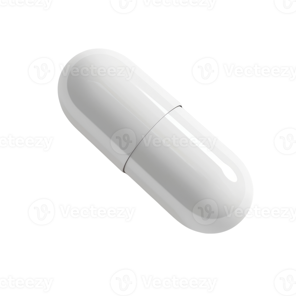 Close-up image of a single white capsule on a transparent background. Ideal for healthcare, medicine, and pharmaceutical concepts. png