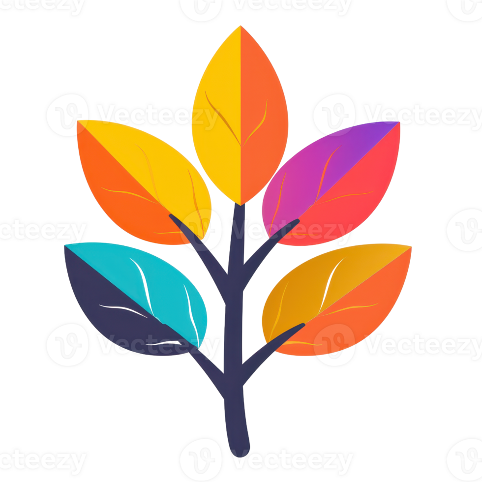 Colorful leaf illustration with vibrant, multicolored leaves on a dark branch, perfect for autumn or nature-themed designs. png