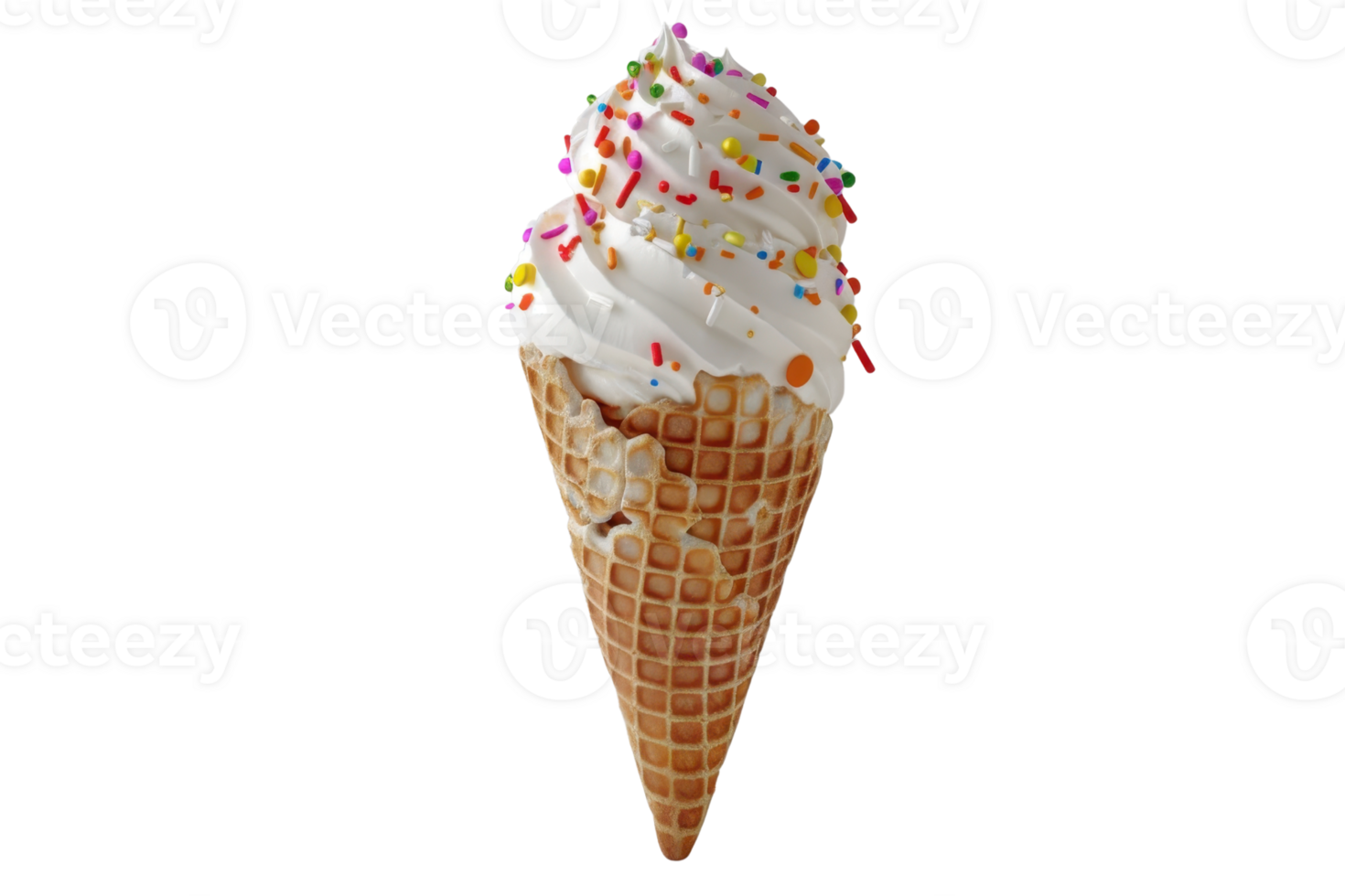 Delicious creamy ice cream cone with colorful sprinkles, perfect for a summer treat or dessert stock photo. png