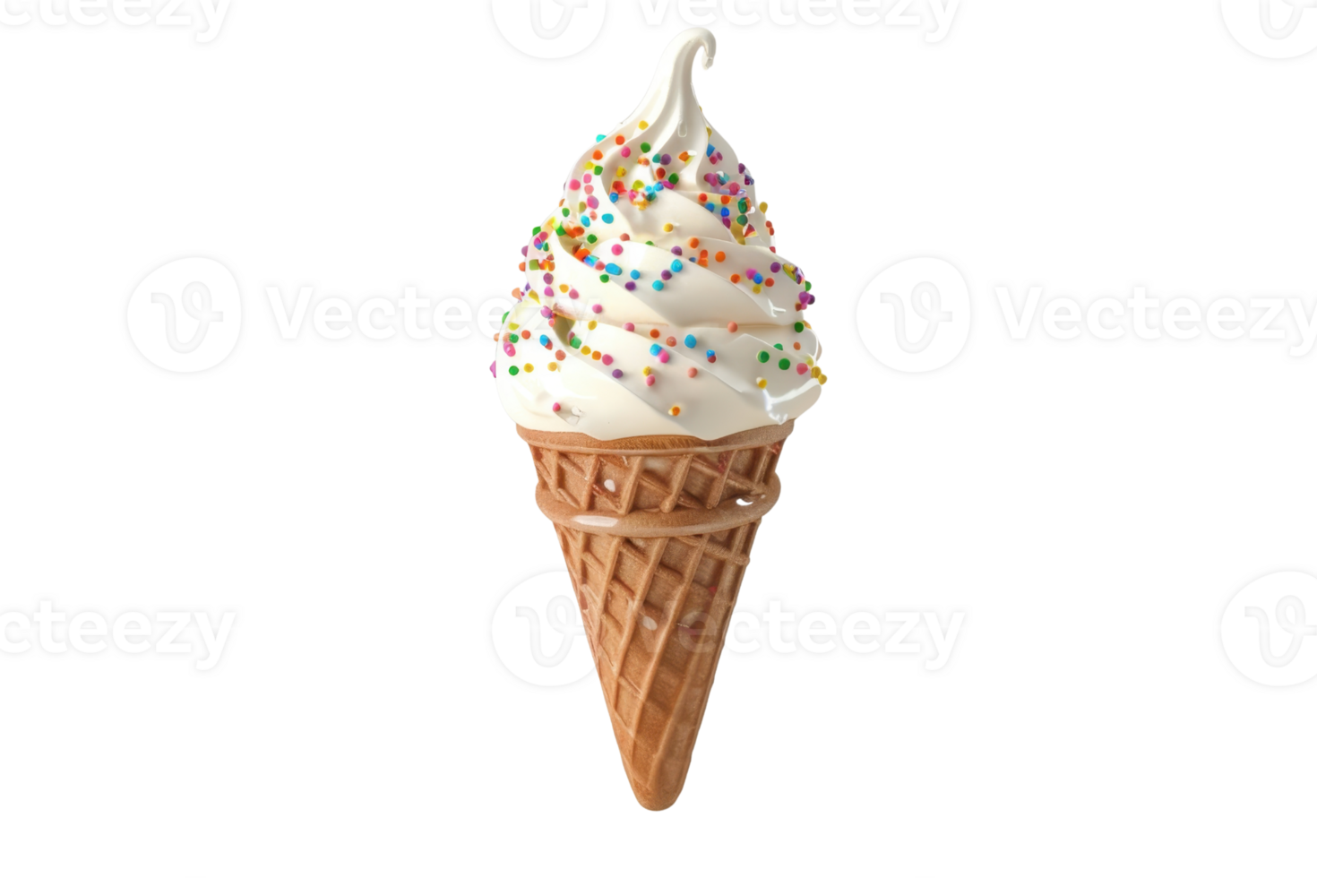 Delicious soft-serve vanilla ice cream cone with colorful sprinkles on top, perfect for a summer treat or dessert on a hot day. png