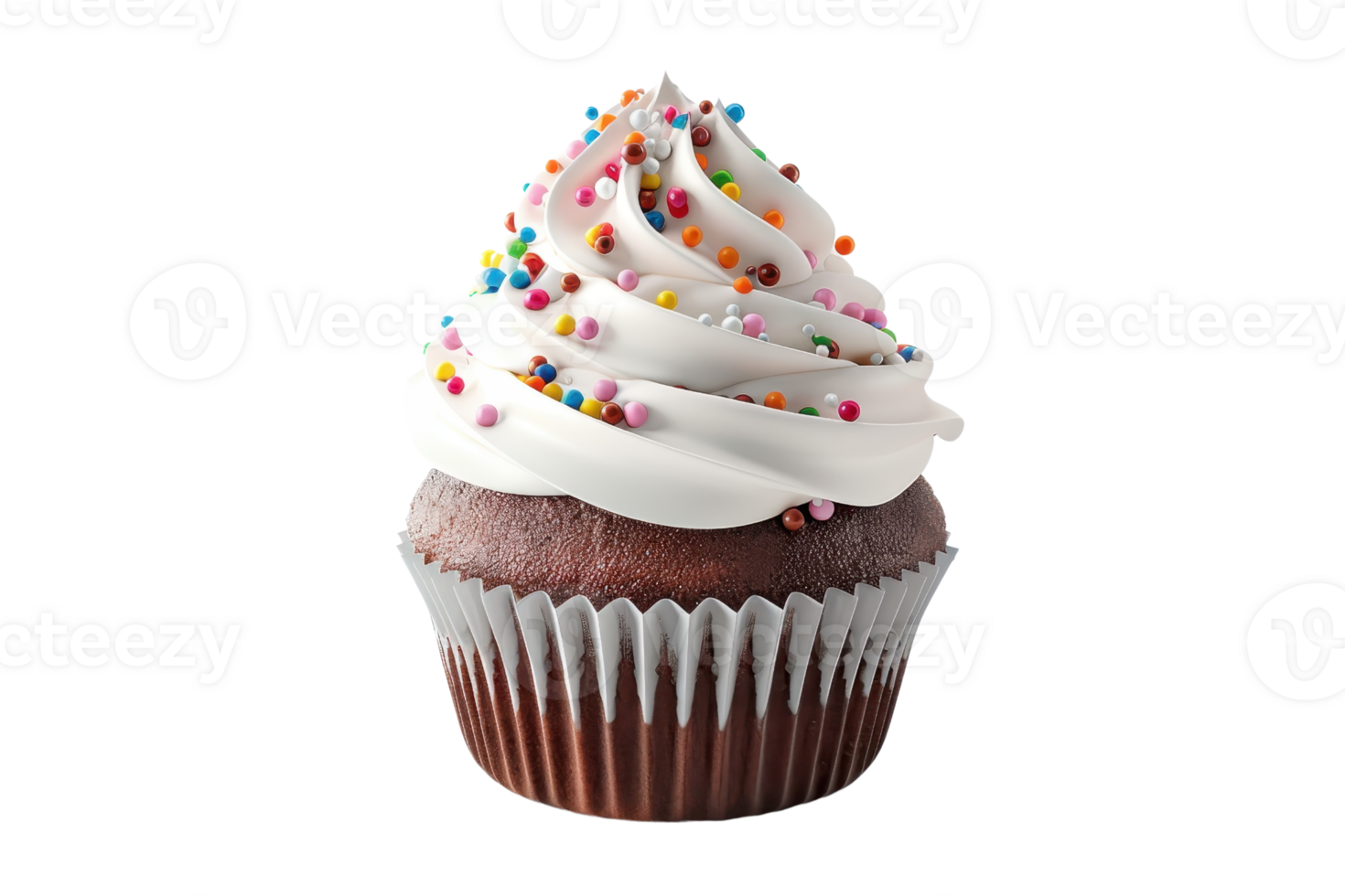 Delicious chocolate cupcake with creamy white frosting and colorful sprinkles, perfect for celebrations and sweet tooth cravings. png