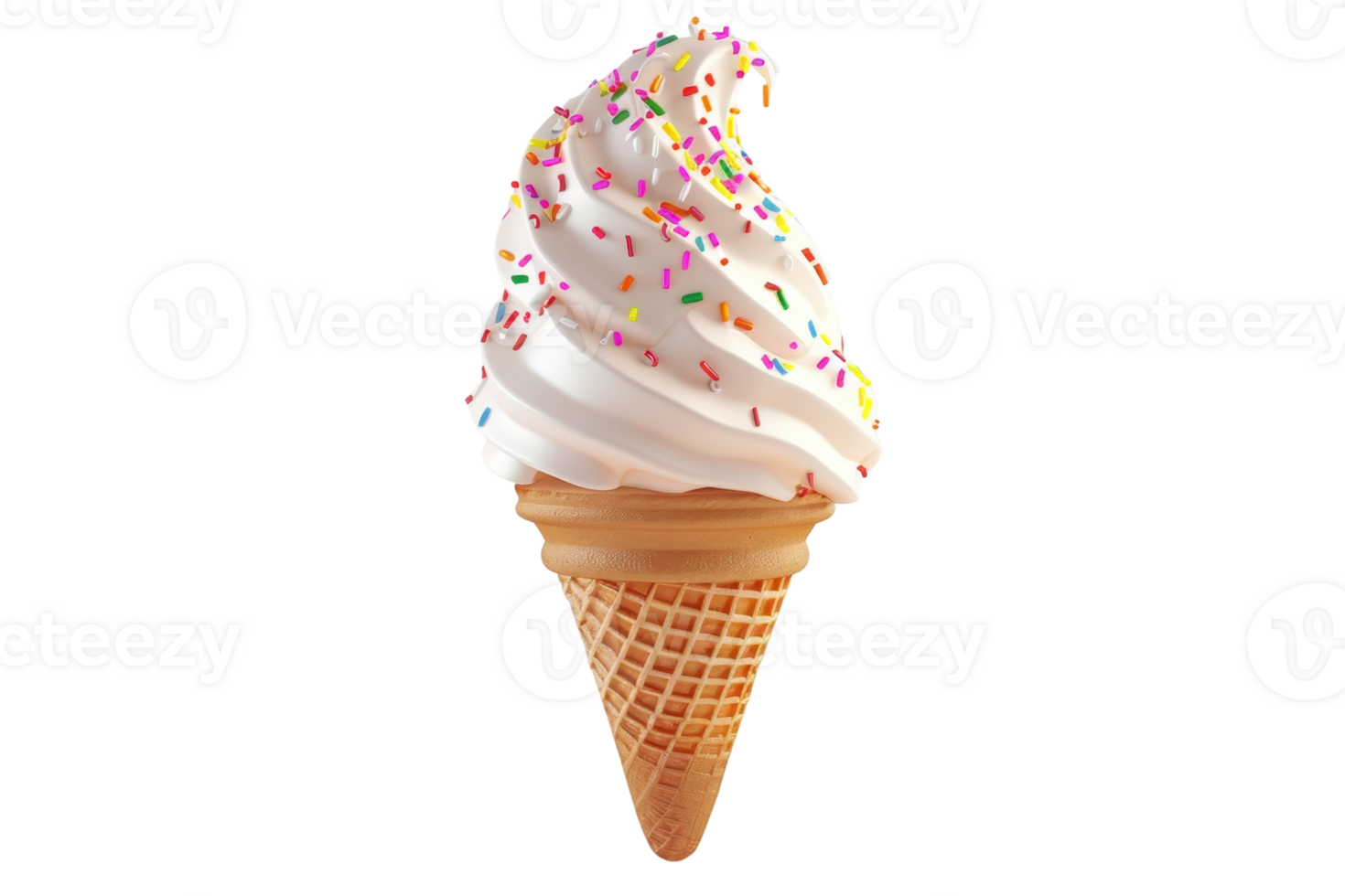 Delicious vanilla soft serve ice cream in a cone topped with colorful sprinkles, perfect for a hot summer day or a sweet treat anytime. png