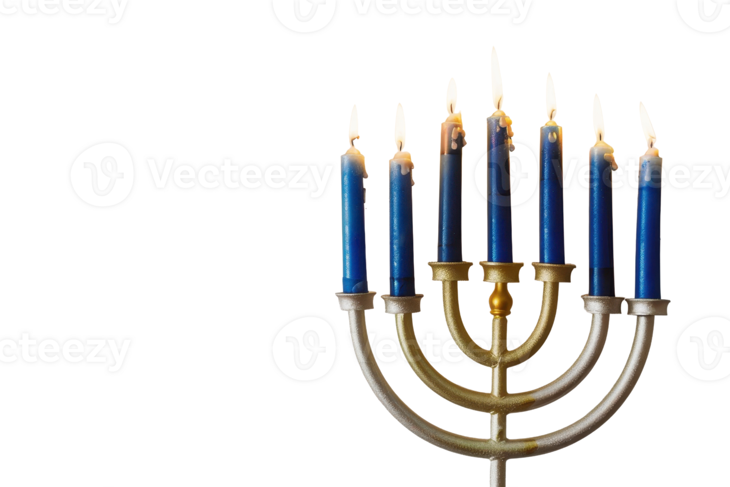 Elegant menorah with blue candles lit for Hanukkah celebration, black background, symbolizing Jewish tradition and spiritual light. png