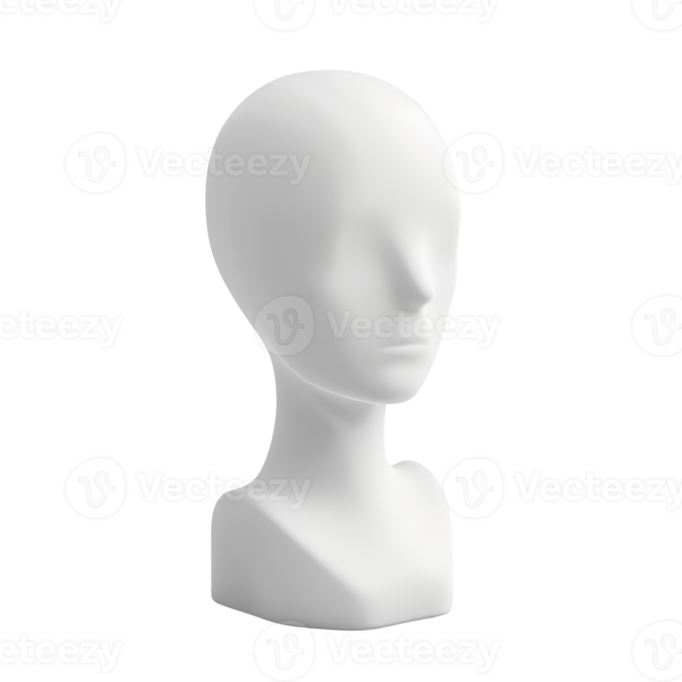Minimalistic white mannequin head isolated on a transparent background. Perfect for showcasing headwear, accessories, or artistic projects. png