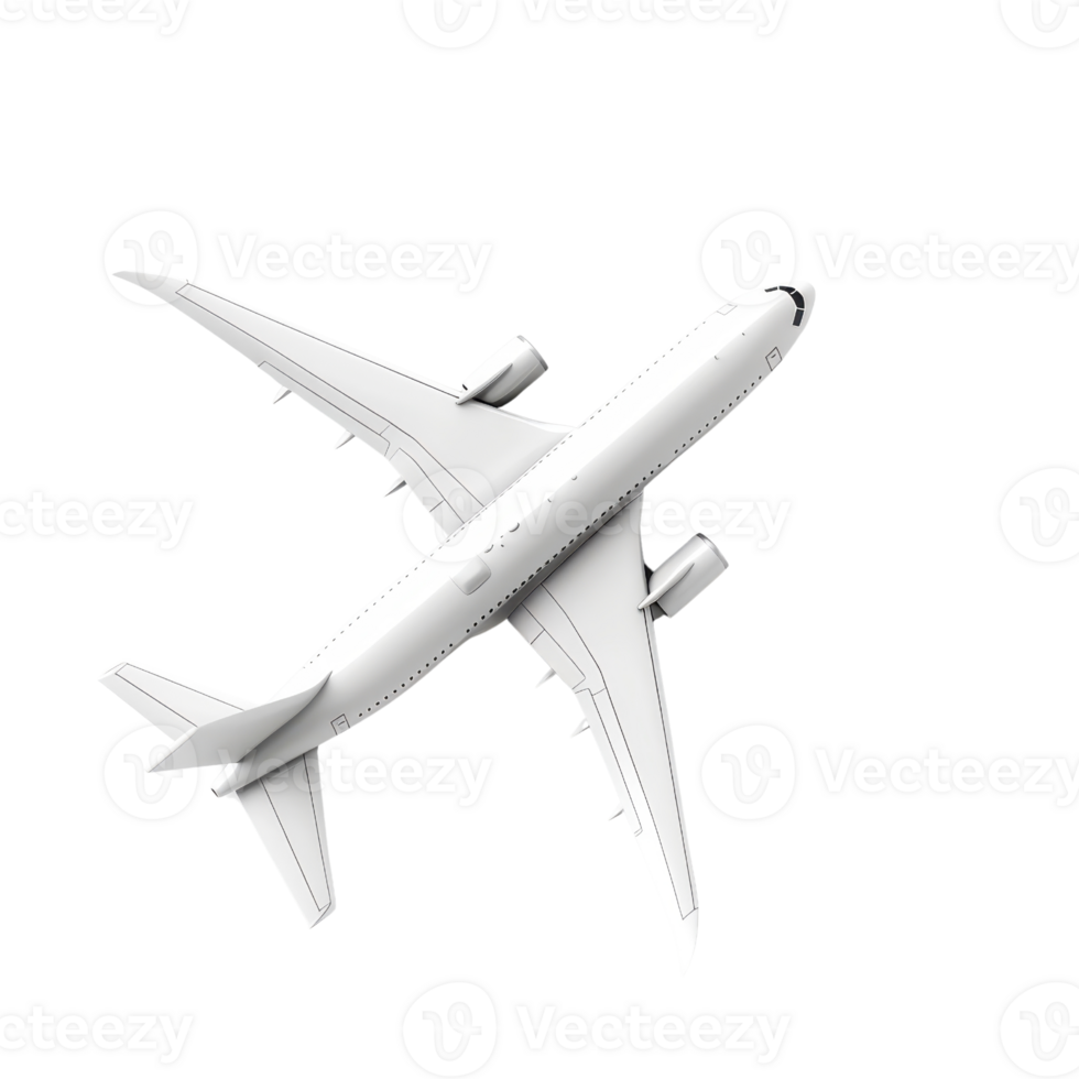 Top view of a white commercial airplane in flight against a plain transparent background. showcasing its sleek design and modern engineering. png