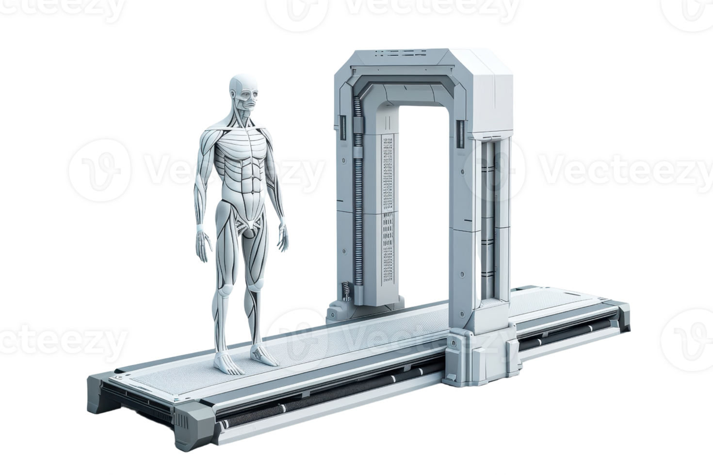 Futuristic human-like figure standing next to advanced scanning device, representing technology and innovation. png