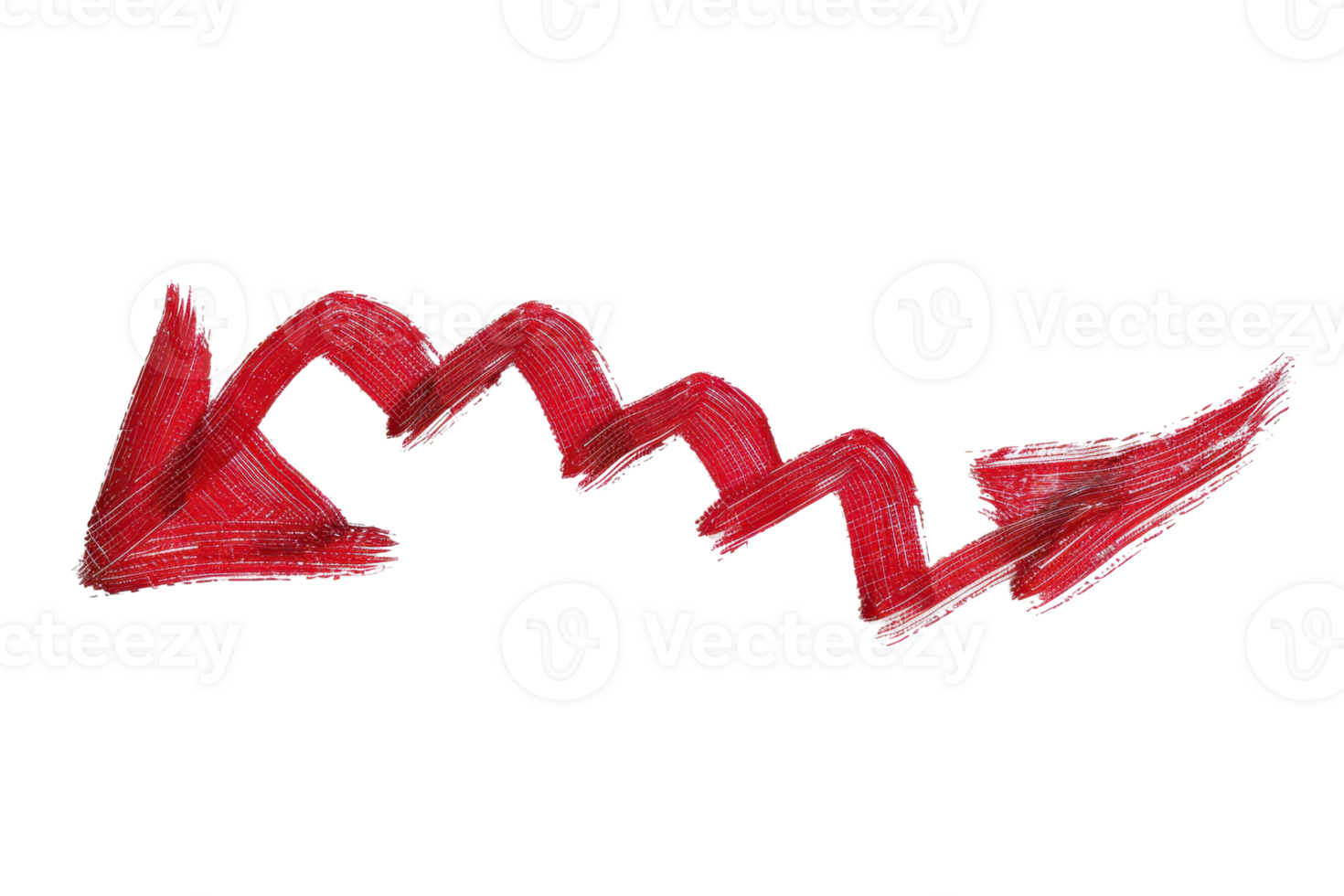 Hand-drawn red zigzag arrow pointing downward, symbolizing decline, decrease, or downward trend in a rustic style on transparent background. png