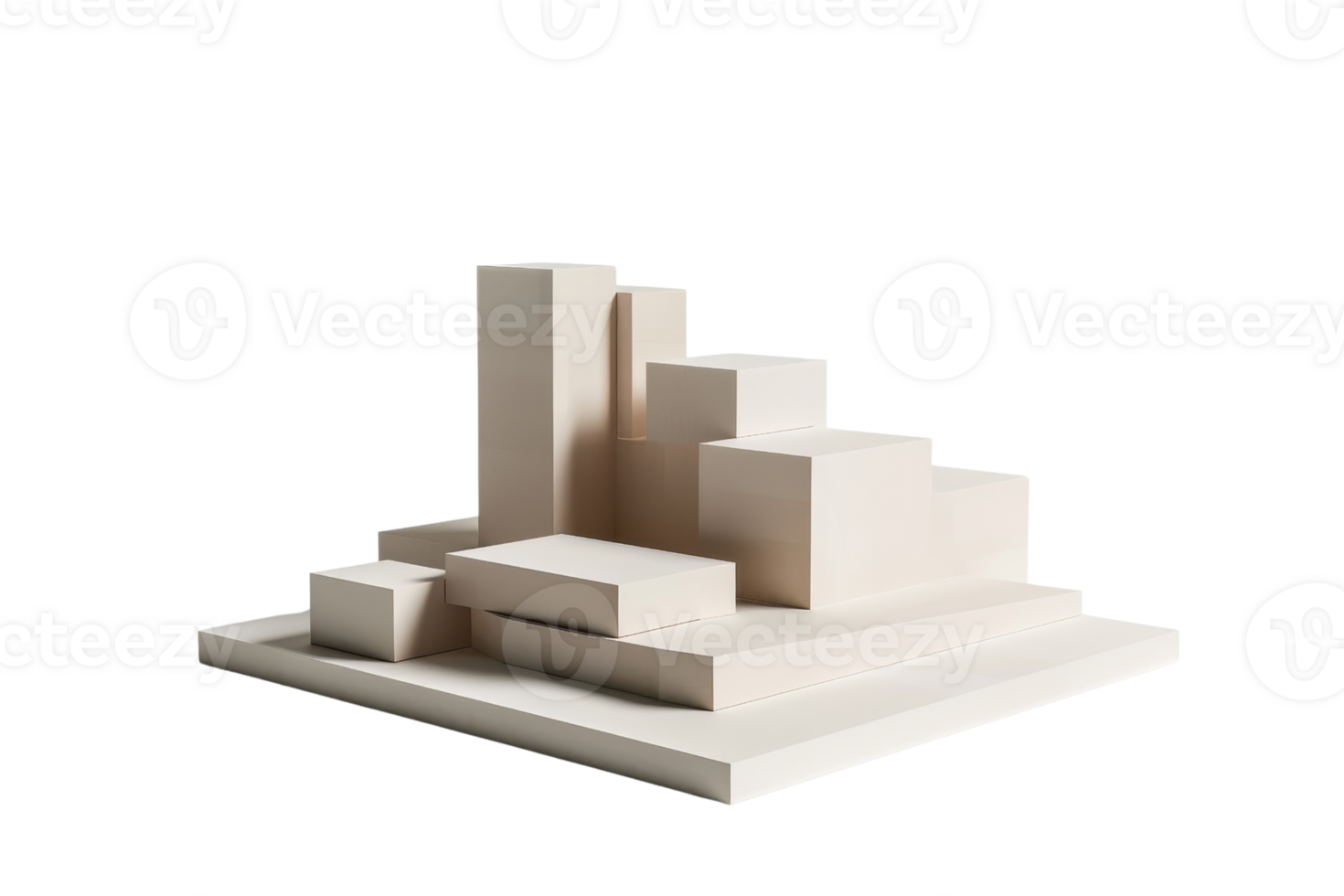 Minimalist architectural model featuring modern geometric buildings with clean lines and a monochromatic color scheme. png