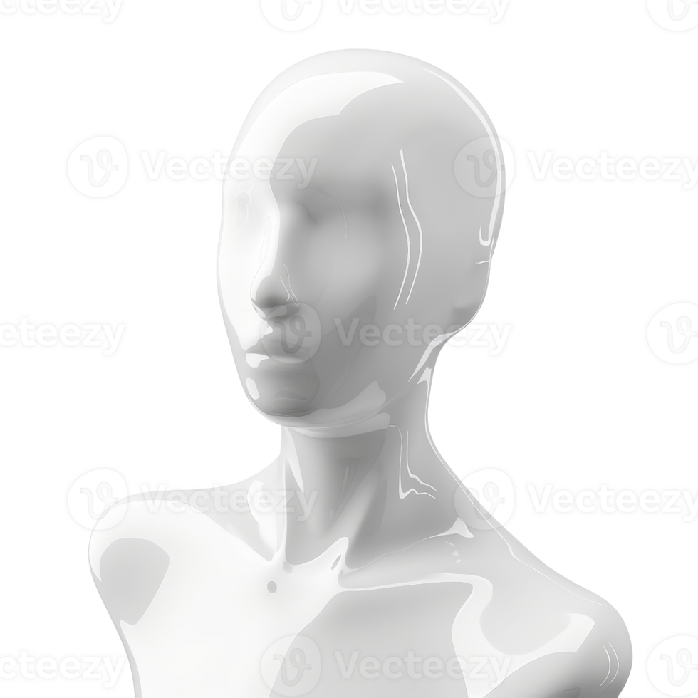 Glossy white mannequin head and shoulders front view isolated on transparent background. modern sleek design for display or art project. png