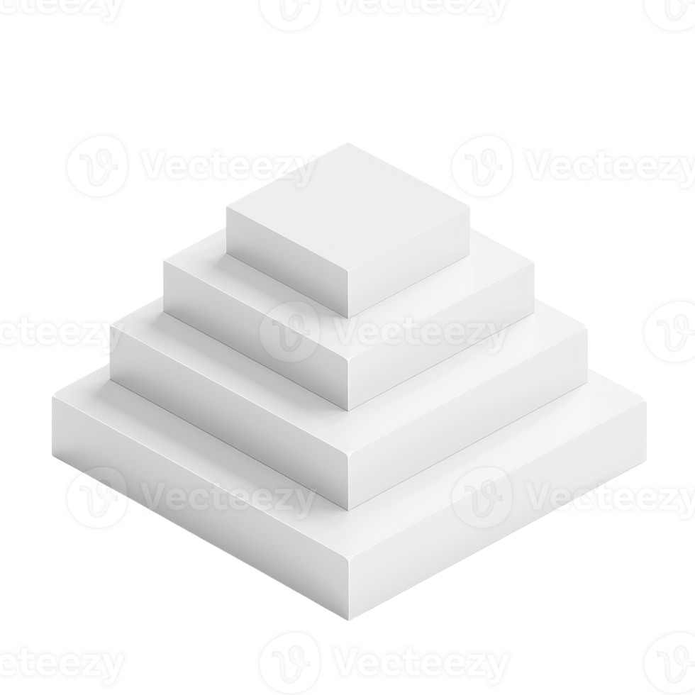 Minimalist white pyramid object with four levels. Modern geometric design, perfect for presentations, 3D models, and creative projects. png