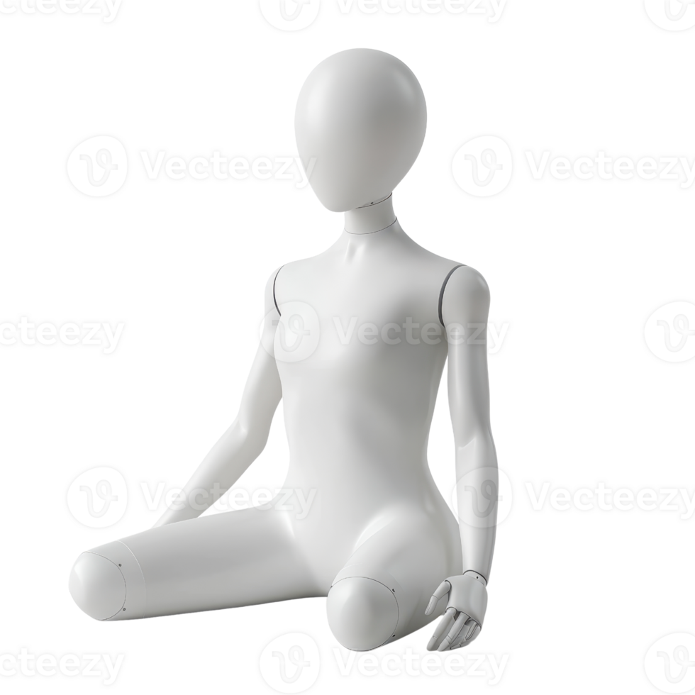 Minimalist white human figure mannequin in a seated position on a plain background, ideal for art, design, and creativity themes. png