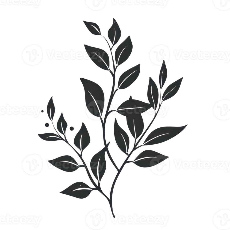 Minimalistic black silhouette of a leafy branch on a transparent background. Perfect for design, illustration, and creative projects. png