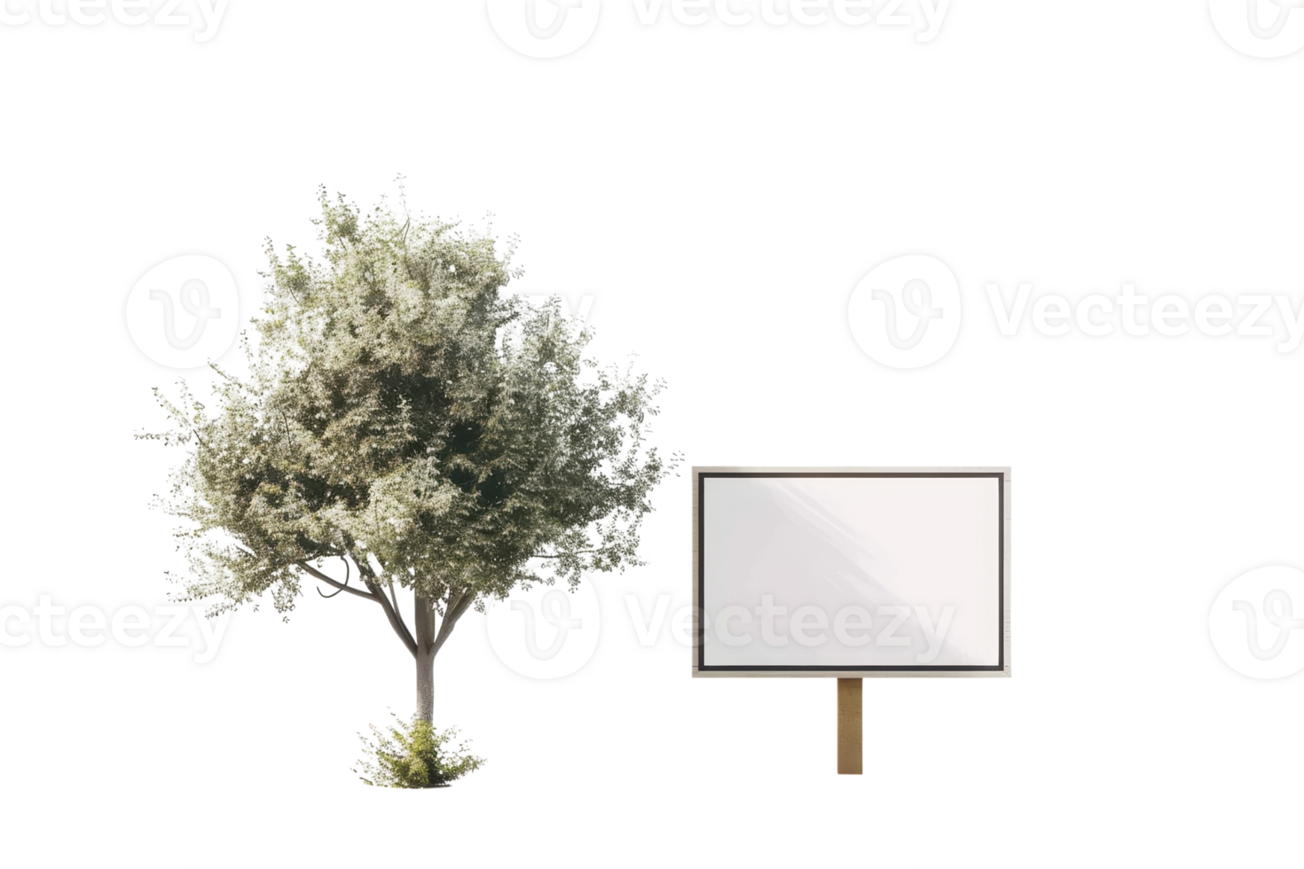 Isolated tree beside a blank white billboard on a transparent background. Ideal for nature, advertising, and design projects. png