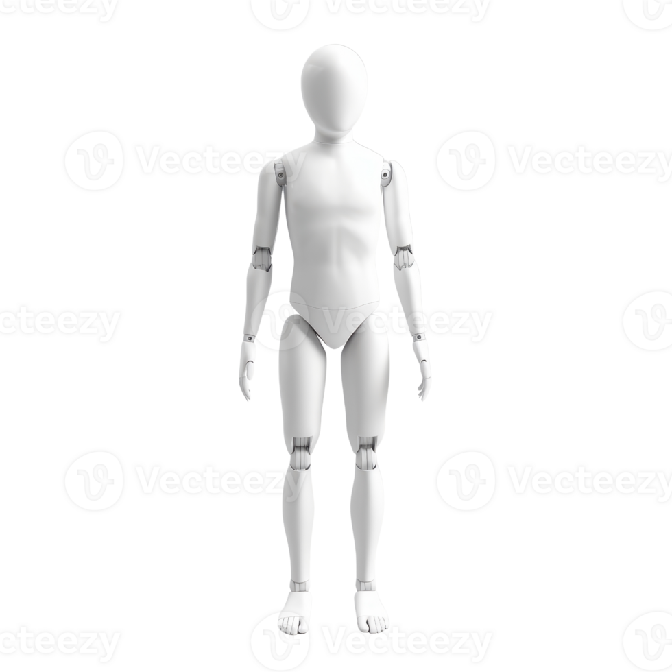 White humanoid robot standing upright, showcasing its full body structure and design, suitable for technology and robotics themes. png