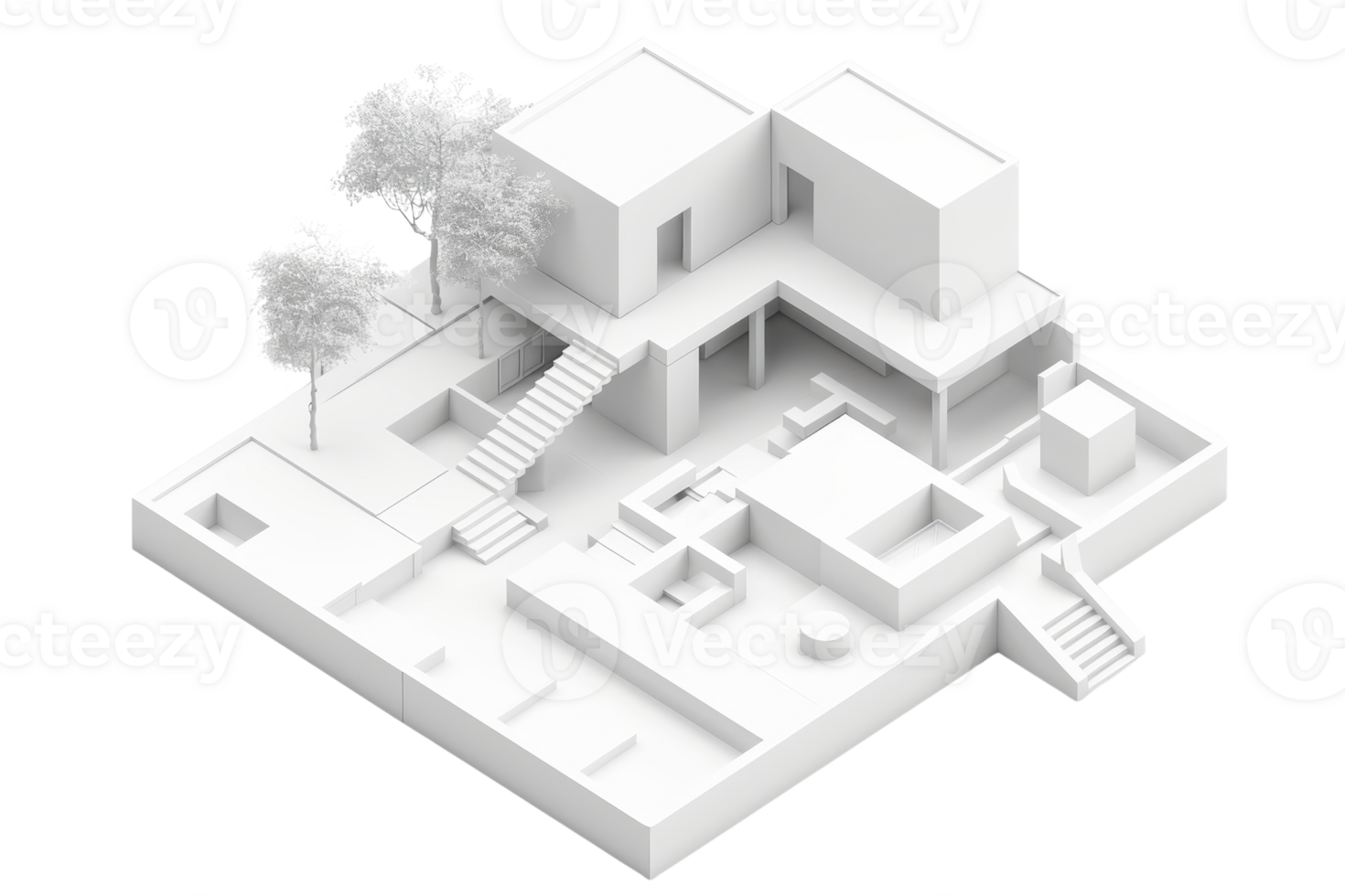 Modern architectural 3D model of a white building design with multiple levels, walkways, and surrounding trees. png
