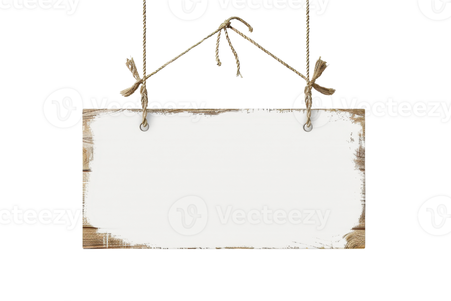 Rustic wooden signboard with blank white space, hanging by ropes. Perfect for custom messages, decorations, or shop displays. png