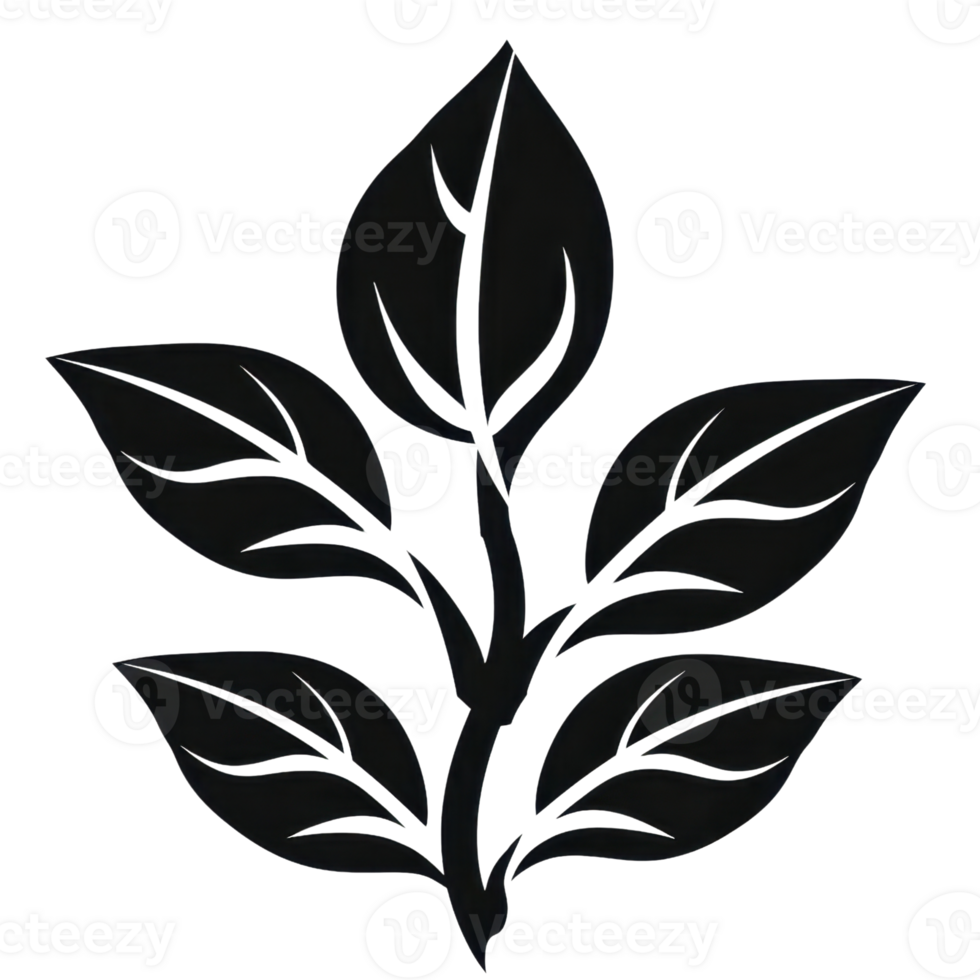Simple black silhouette of a leafy plant with multiple leaves on a transparent background. Elegant and minimalistic design. png