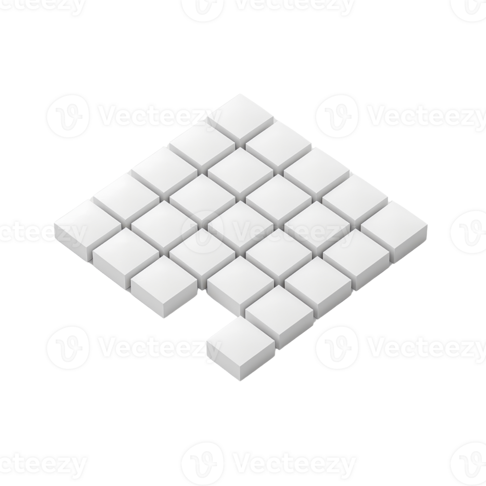 White 3D grid of cubes with one missing, isolated on transparent background. Perfect for conceptual designs, technology themes, or creative visualizations. png