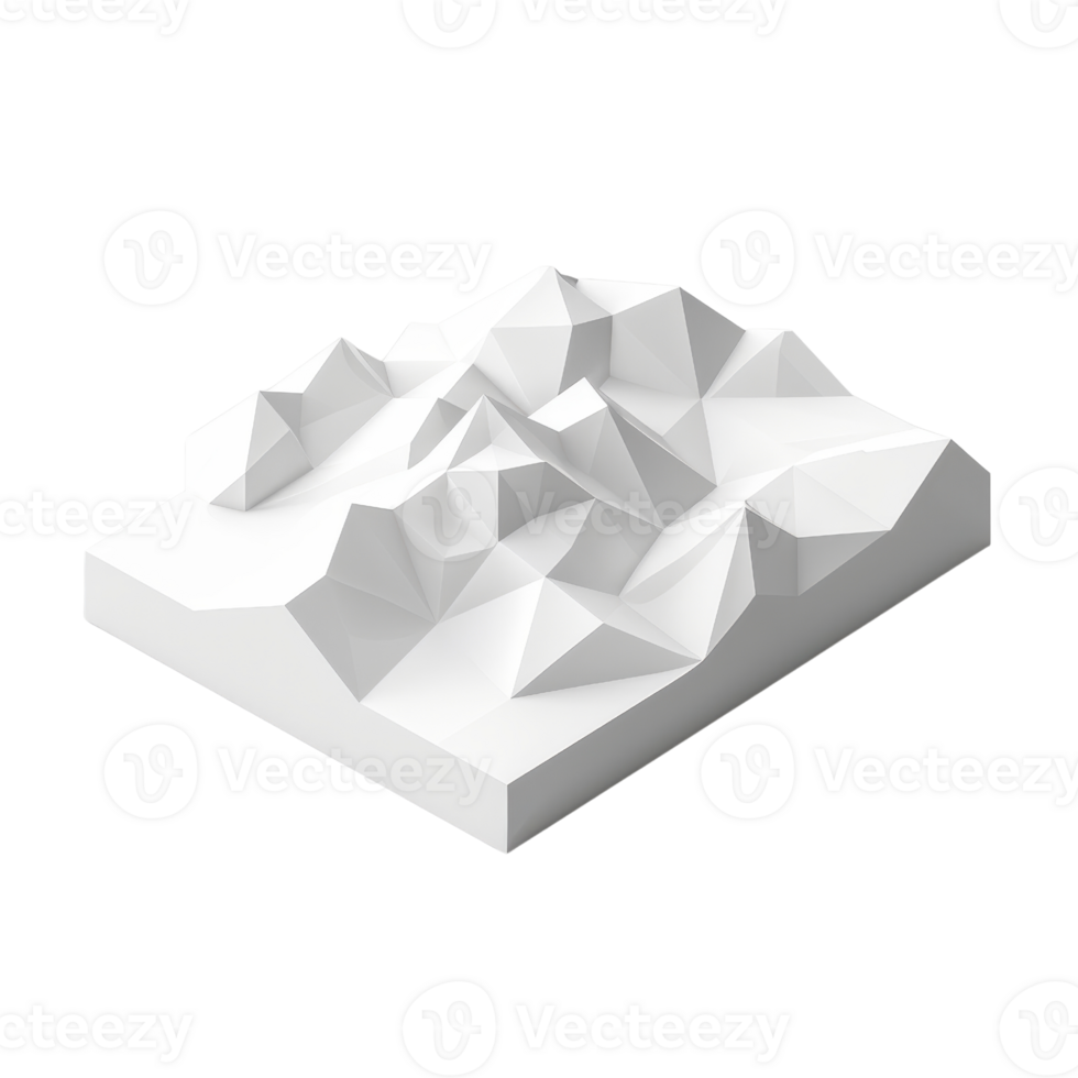 White 3D low-poly model of mountainous terrain on square base, minimalistic design with geometric shapes. png