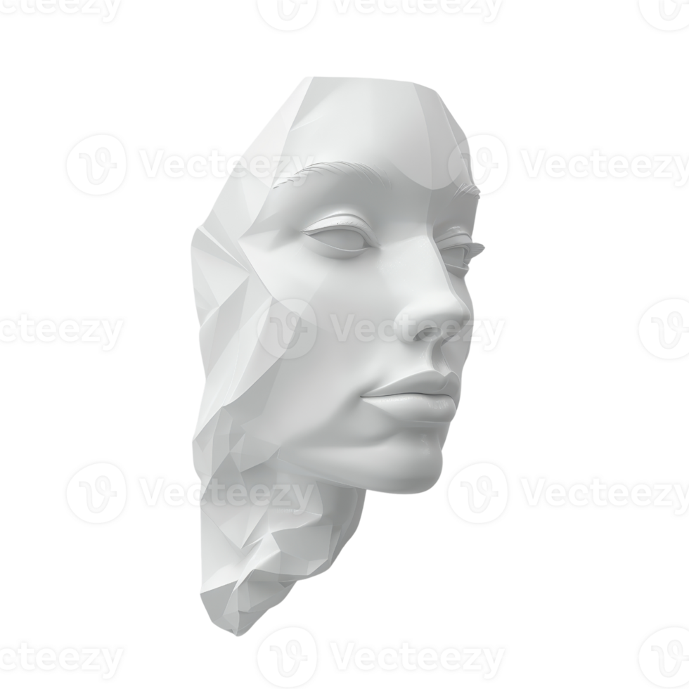 Modern white low-poly 3D sculpture of a human face, showcasing geometric angles and contemporary art design with a minimalist touch. png