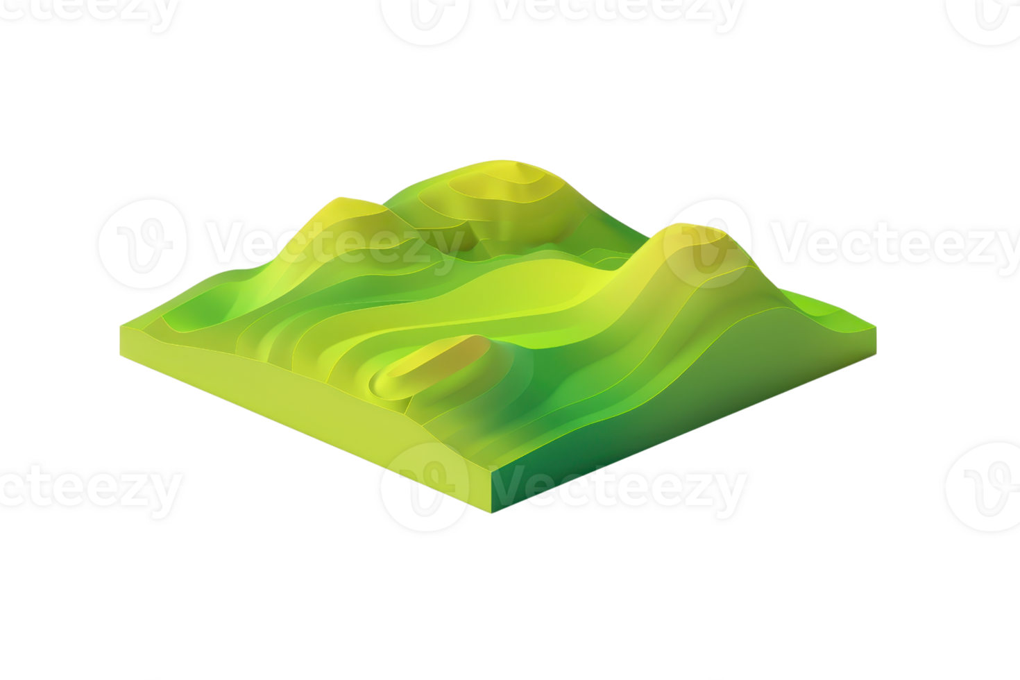3D terrain model depicting grassy hills and valleys, perfect for geography, cartography, or landscape design projects. png