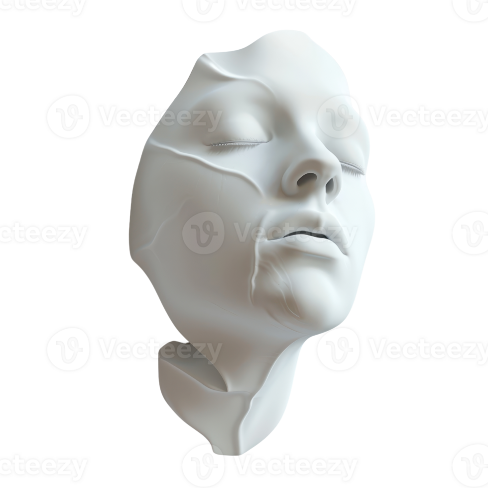 Minimalist sculpture of a fragmented face with closed eyes, evoking themes of serenity and brokenness. png
