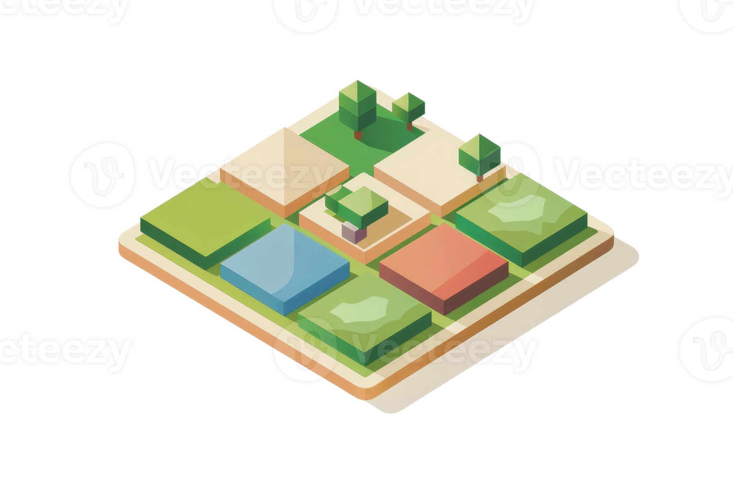 Isometric illustration of a land plot with diverse terrains, including trees, water, and different colored areas, representing various land uses. png