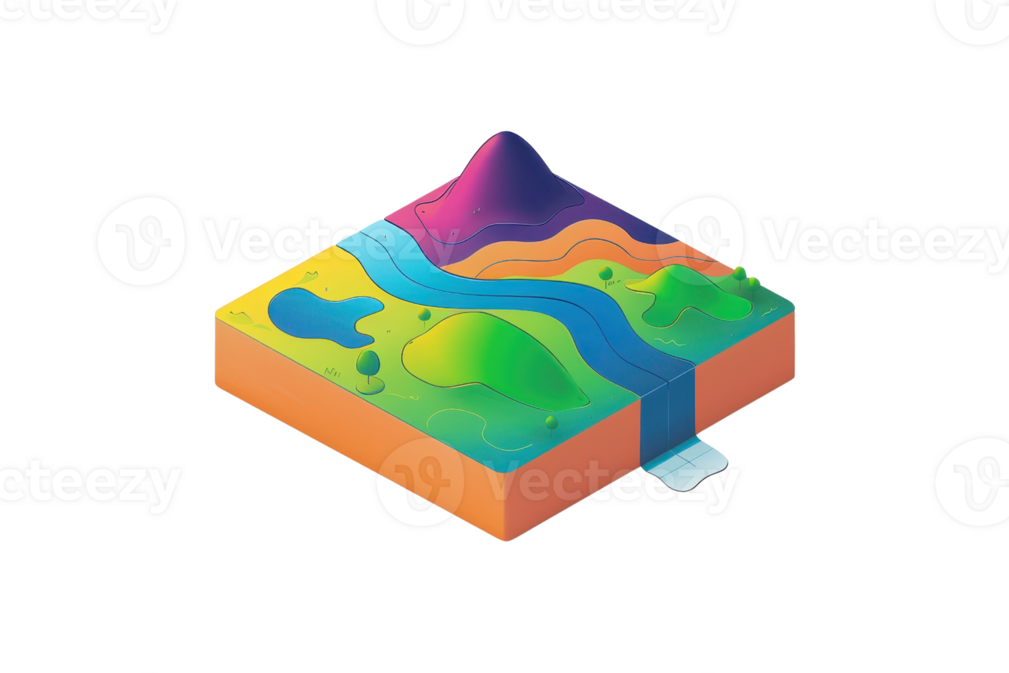 3D isometric illustration of a colorful terrain with a river, hills, and lakes. Ideal for landscape and environment concepts. png