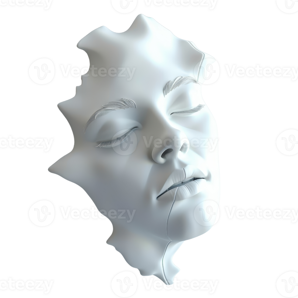 Surreal, serene white face sculpture emerging from a background, creating an ethereal and artistic visual effect. png