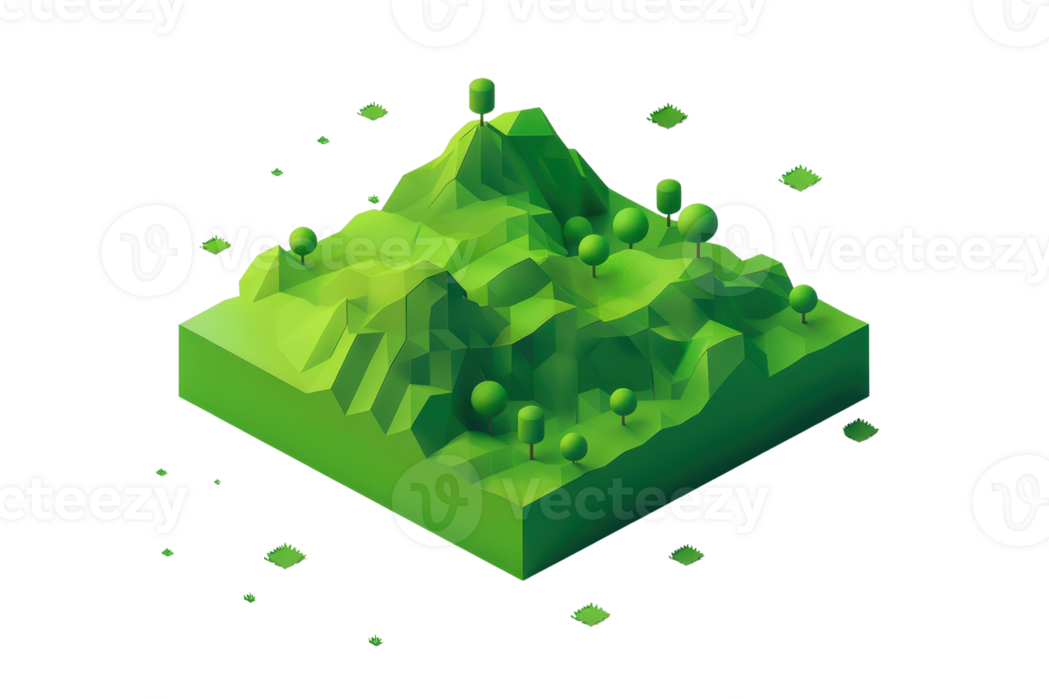 3D rendering of a low-poly green mountain landscape with geometric shapes, depicting a stylized natural scenery in a minimalistic design. png