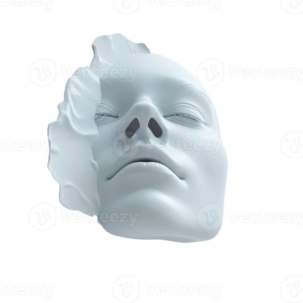 Abstract 3D white mask sculpture with a floral element. Modern art piece showcasing serene facial expression and textured details. png