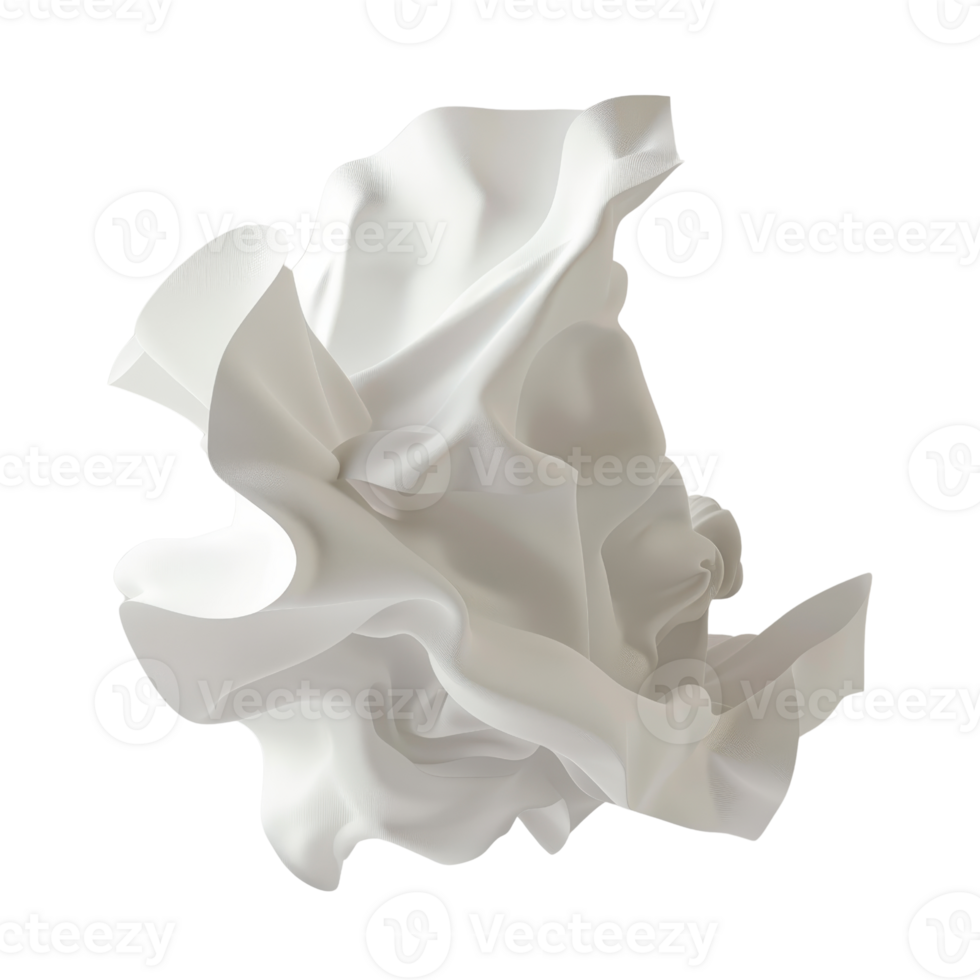 Abstract close-up of white fabric with dynamic folds, creating a flowing and organic shape, isolated against a clean background. png