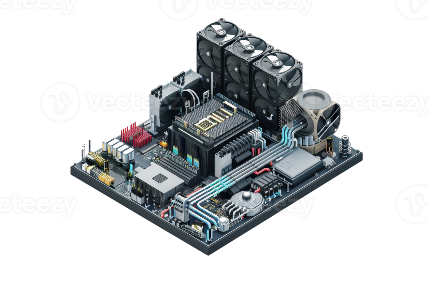 High-tech computer motherboard with integrated circuits, cooling system, and various components for advanced computing performance. png